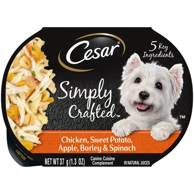 Cesar Simply Crafted Chicken, Sweet Potato, Apple, Barley & Spinach Limited-Ingredient Wet Dog Food Topper 1 Cesar Simply Crafted Chicken, Sweet Potato, Apple, Barley & Spinach Limited-Ingredient Wet Dog Food Topper
