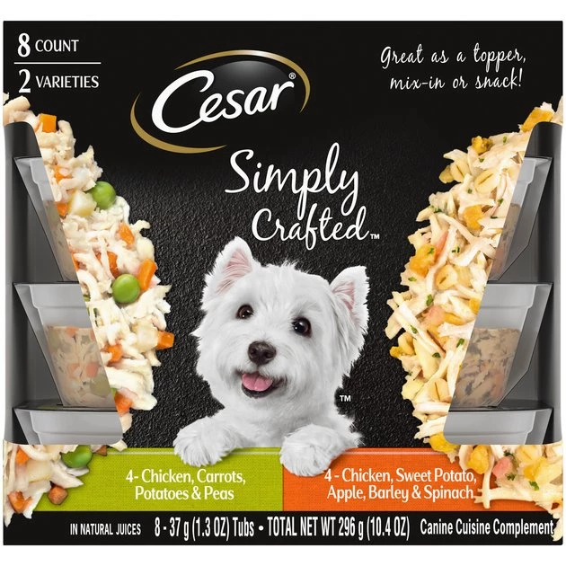 Cesar Simply Crafted Variety Pack Chicken, Carrots, Potatoes & Peas & Chicken, Sweet Potato, Apple, Barley & Spinach Limited-Ingredient Wet Dog Food Topper 1 Cesar Simply Crafted Variety Pack Chicken, Carrots, Potatoes & Peas & Chicken, Sweet Potato, Apple, Barley & Spinach Limited-Ingredient Wet Dog Food Topper