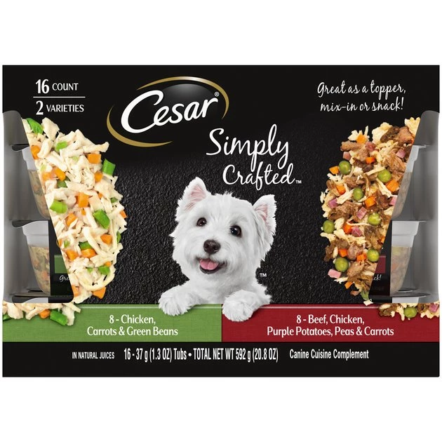 Cesar Simply Crafted Variety Pack Chicken, Carrots & Green Beans & Beef, Chicken, Purple Potatoes, Peas & Carrots Wet Dog Food Topper, 1.3-oz can, 16 count 1 Cesar Simply Crafted Variety Pack Chicken, Carrots & Green Beans & Beef, Chicken, Purple Potatoes, Peas & Carrots Wet Dog Food Topper, 1.3-oz can, 16 count
