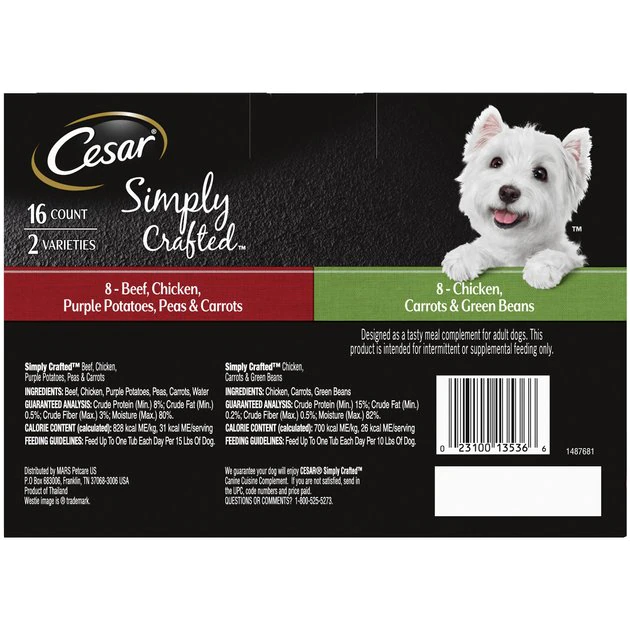 Cesar Simply Crafted Variety Pack Chicken, Carrots & Green Beans & Beef, Chicken, Purple Potatoes, Peas & Carrots Wet Dog Food Topper, 1.3-oz can, 16 count 2 Cesar Simply Crafted Variety Pack Chicken, Carrots & Green Beans & Beef, Chicken, Purple Potatoes, Peas & Carrots Wet Dog Food Topper, 1.3-oz can, 16 count - Image 2