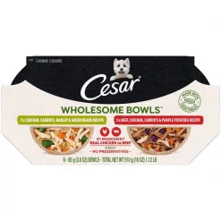 Cesar Wholesome Bowls Chicken, Carrots, Barley, Green Beans & Beef, Chicken, Carrots, Potatoes Variety Pack Wet Dog Food, 3-oz tray, case of 12