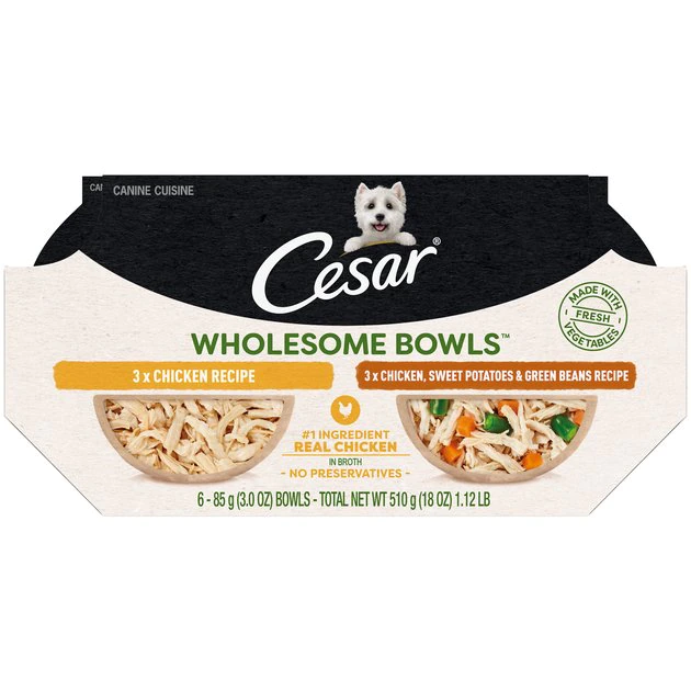 Cesar Wholesome Bowls Chicken Recipe & Chicken, Sweet Potato, Green Beans Recipe Variety Pack Wet Dog Food, 3-oz tray, case of 12 1 Cesar Wholesome Bowls Chicken Recipe & Chicken, Sweet Potato, Green Beans Recipe Variety Pack Wet Dog Food, 3-oz tray, case of 12