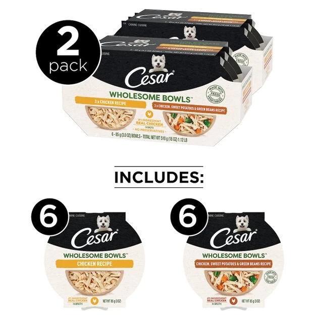 Cesar Wholesome Bowls Chicken Recipe & Chicken, Sweet Potato, Green Beans Recipe Variety Pack Wet Dog Food, 3-oz tray, case of 12 2 Cesar Wholesome Bowls Chicken Recipe & Chicken, Sweet Potato, Green Beans Recipe Variety Pack Wet Dog Food, 3-oz tray, case of 12 - Image 2