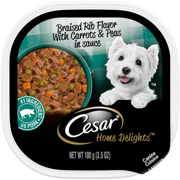 Cesar Home Delights Braised Rib Flavor With Carrots & Peas in Sauce Wet Dog Food, 3.5-oz tray, case of 24 1 Cesar Home Delights Braised Rib Flavor With Carrots & Peas in Sauce Wet Dog Food, 3.5-oz tray, case of 24