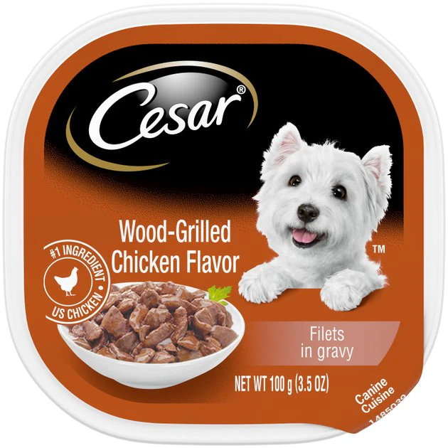 Cesar Wood-Grilled Chicken Flavor Filets in Gravy Wet Dog Food, 3.5-oz tray, case of 24 1 Cesar Wood-Grilled Chicken Flavor Filets in Gravy Wet Dog Food, 3.5-oz tray, case of 24