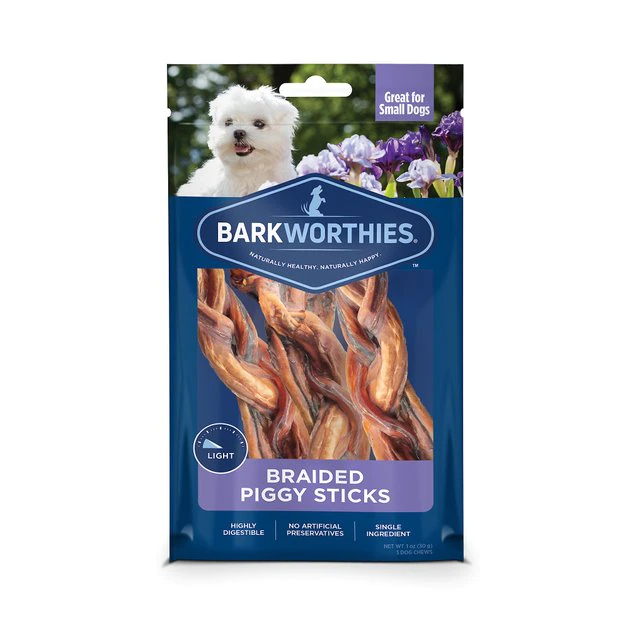 Barkworthies Braided Piggy Sticks Small Dog Grain-Free Dog Treats, 3 count 1 Barkworthies Braided Piggy Sticks Small Dog Grain-Free Dog Treats, 3 count