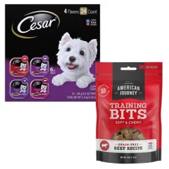 Cesar||American Journey Cesar Classic Loaf in Sauce Beef Recipe, Filet Mignon, Grilled Chicken, & Porterhouse Steak Flavors Food Trays + American Journey Beef Recipe Grain-Free Soft & Chewy Training Bits Dog Treats