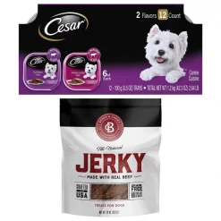 Cesar||Bones & Chews Cesar Classic Loaf in Sauce Filet Mignon & Porterhouse Steak Flavors Food Trays + Bones & Chews All Natural Grain-Free Jerky Made with Real Beef Dog Treats
