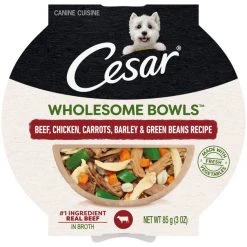 Cesar Wholesome Bowls Beef, Chicken, Carrots, Barley & Green Beans Recipe Adult Soft Wet Dog Food Topper, 3-oz Bowl, Case of 10