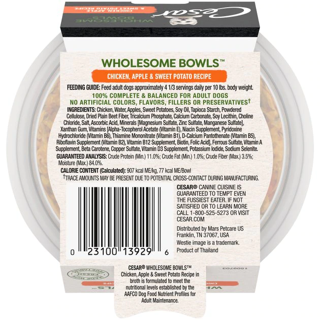 Cesar Wholesome Bowls Variety Pack, Beef, Chicken, Carrots, Barley & Green Beans Recipe & Chicken, Apple & Sweet Potato Recipe Adult Soft Wet Dog Food Topper, 3-oz Bowl, Case of 6 2 Cesar Wholesome Bowls Variety Pack, Beef, Chicken, Carrots, Barley & Green Beans Recipe & Chicken, Apple & Sweet Potato Recipe Adult Soft Wet Dog Food Topper, 3-oz Bowl, Case of 6 - Image 2