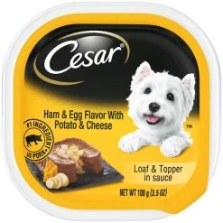 Cesar Loaf & Topper in Sauce Ham & Egg Flavor with Potato & Cheese Dog Food Trays